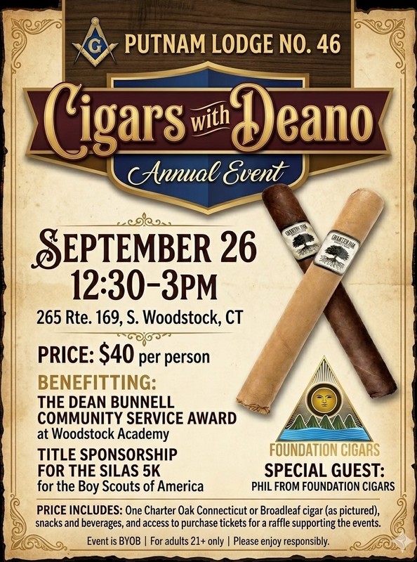 A flyer for the upcoming Cigar with Deano fundraising event.