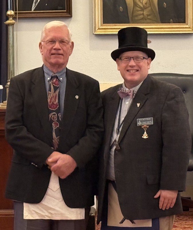 Brother Richard A. Torgeson receiving his 35 year service pin from WM John S. Rhoads