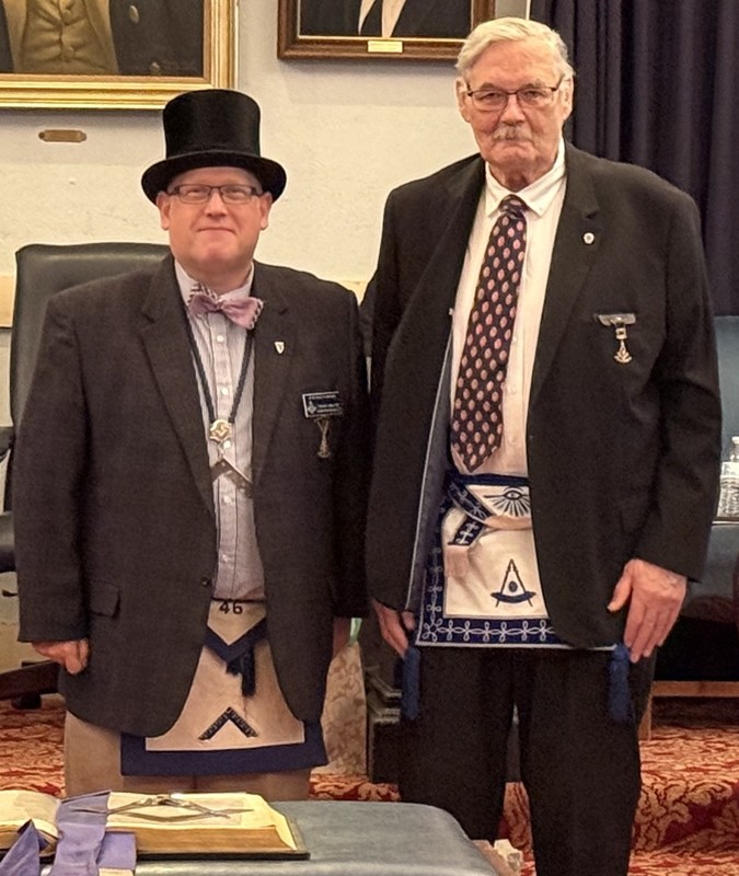 WB Robert Witham receiving his 40 year service pin from WM John S. Rhoads