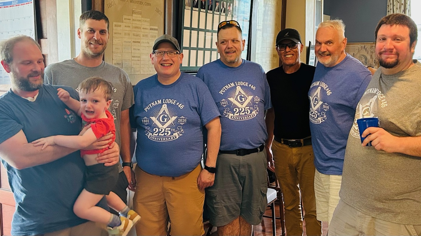 From Left to Right WB Evan M. Perry with his son Michael, WB Eric Bruyere, WM John S. Rhoads, RW Chad Dufault, Brother Marcelo Rosado, WB Barry N. Shead, and Brother Robert Dean III